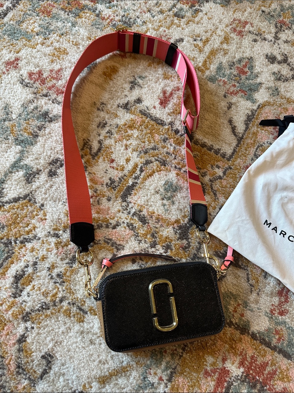 Marc Jacobs Black Crossbody with Pink Stripe Adjustable Strap
